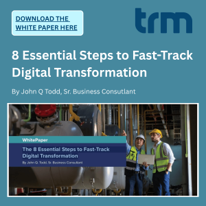Hero banner for a white paper: '8 Essential Steps to Fast-Track Digital Transformation' with factory workers, TRM logo, and a 'Download the White Paper Here' button.