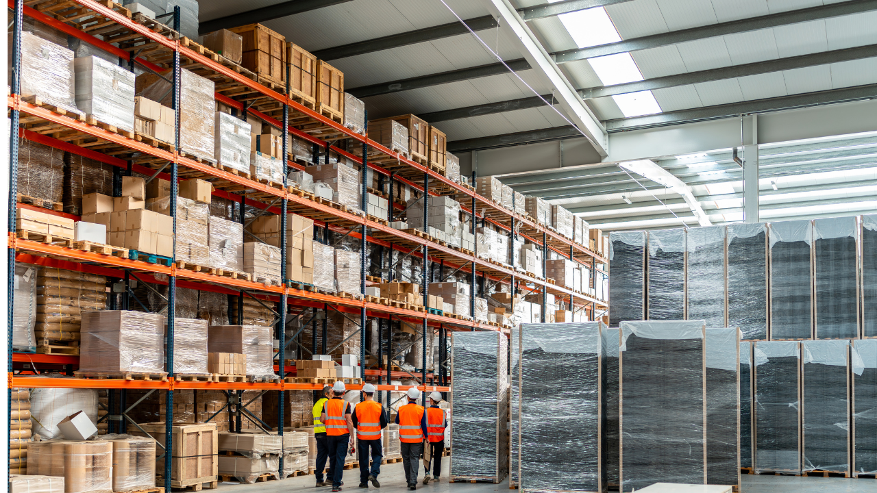 Warehouse with tall orange racks full of boxed pallets; five workers in orange safety vests and hard hats inspect inventory vorbeind the aisle.